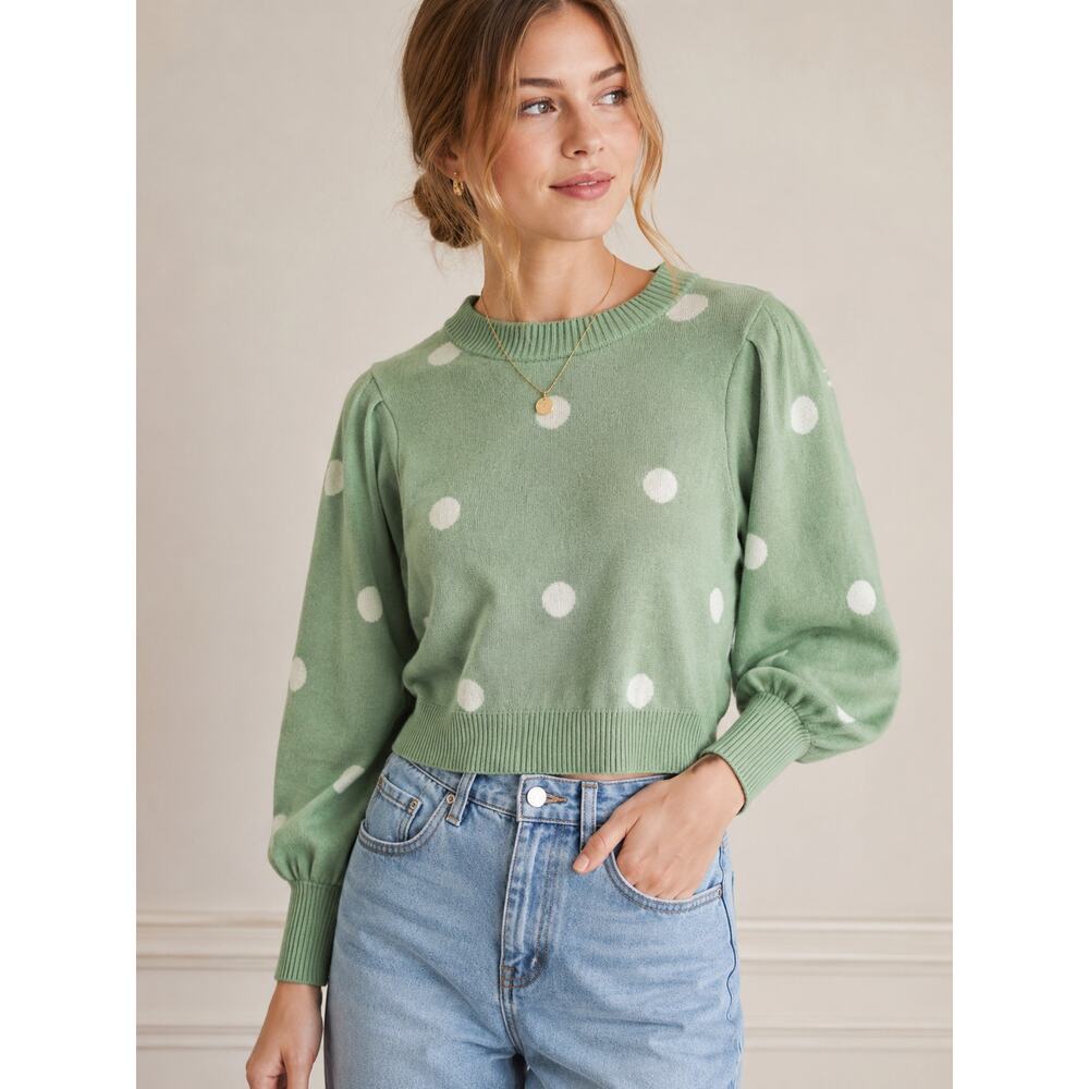 PHILOSOPHY Crewneck Polka Dot Balloon Sleeve Green/White Sweater - Size S - Picture 2 of 6